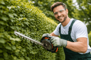 Mitarbeiter schneidet Hecke beim Gartenservice im Landkreis Cham