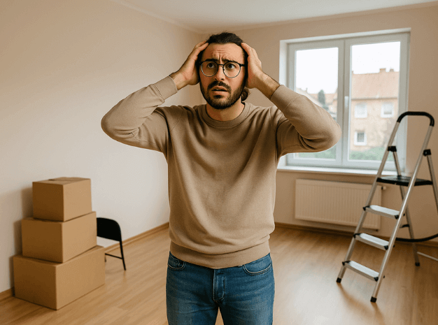 Besorgter Vermieter steht in halbleerer Wohnung und wirkt überfordert vor der Übergabe.