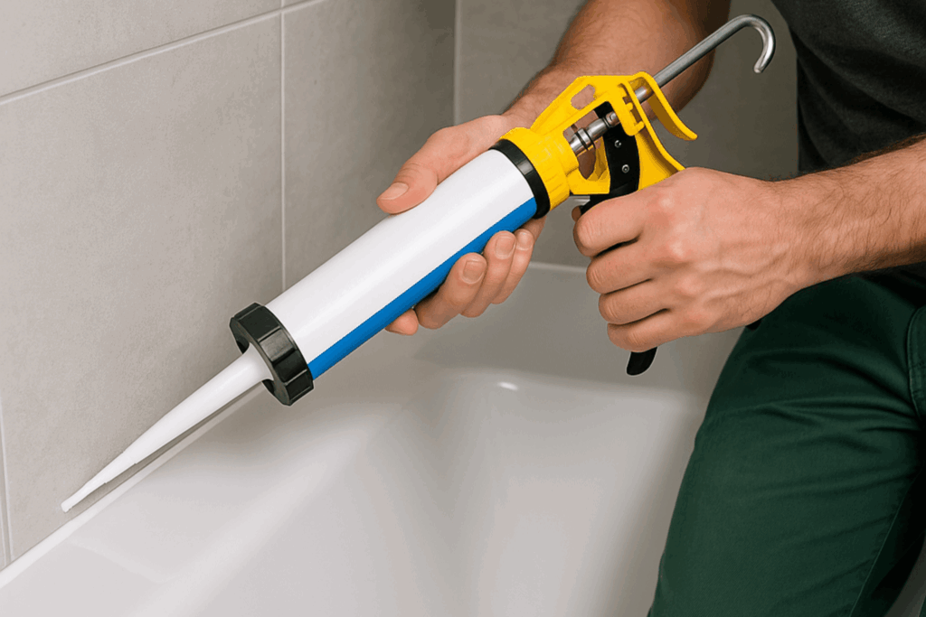 Handwerker von Reparaturservice Cham erneuert Silikonfugen in einem modernen Badezimmer mit einer Kartuschenpistole.