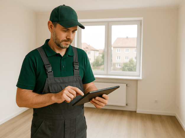 Hausmeister dokumentiert mit Tablet in einer leeren Wohnung Schäden für ein Übergabeprotokoll.