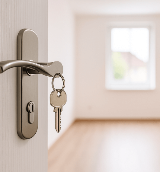 Schlüssel steckt in der Wohnungstür, im Hintergrund eine helle, leere Wohnung – ready to rent in Cham.