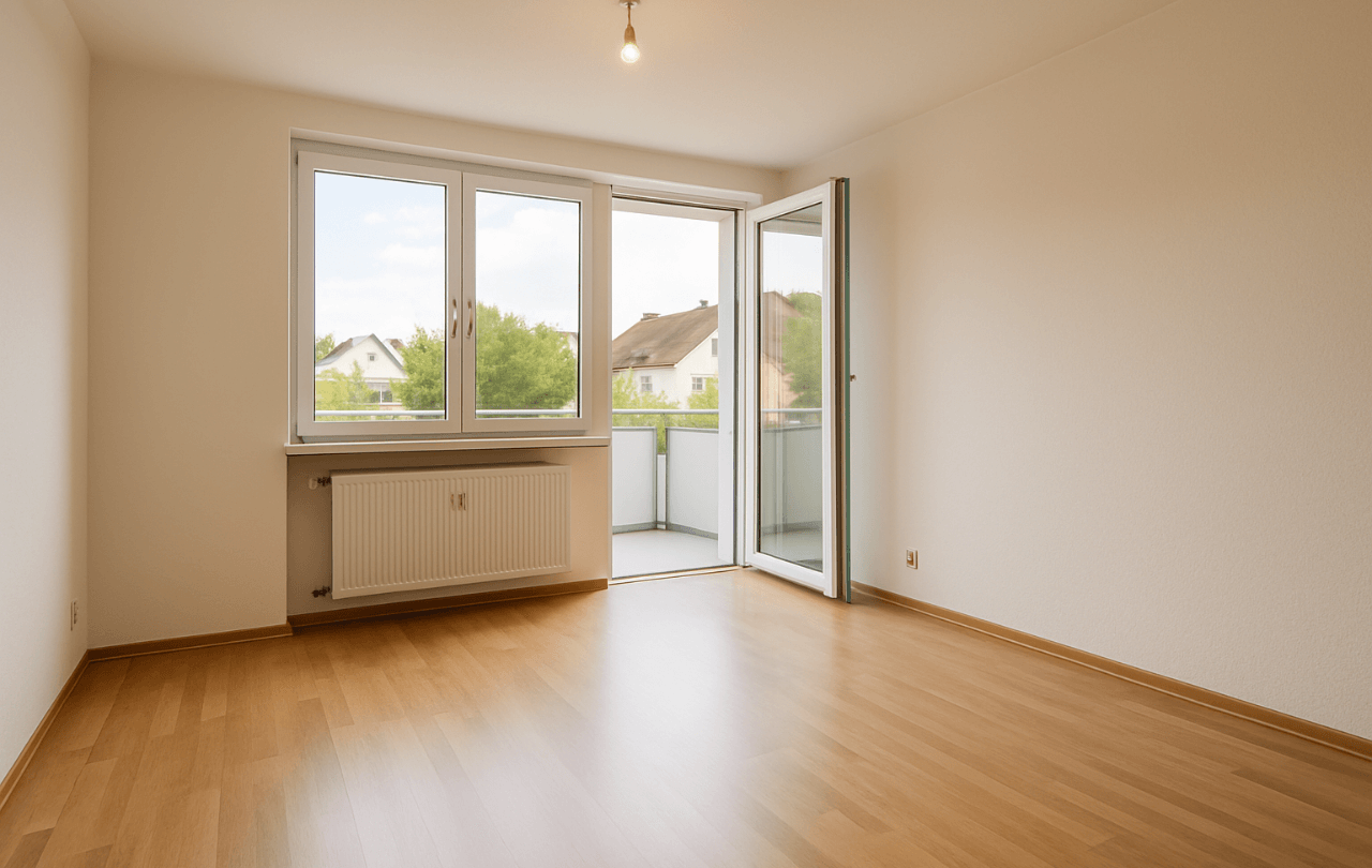 Leere, frisch renovierte Wohnung mit hellem Boden – bereit zur Übergabe.