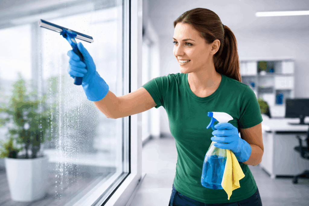 Mitarbeiterin reinigt Bürofenster im Landkreis Cham