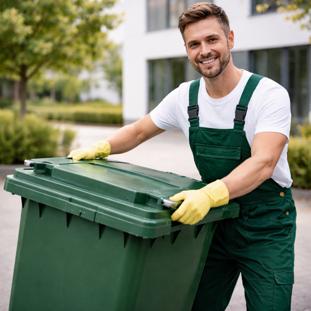 Hausmeister von Immobilienservice Cham bei der Mülltonnenbetreuung am Mehrfamilienhaus
