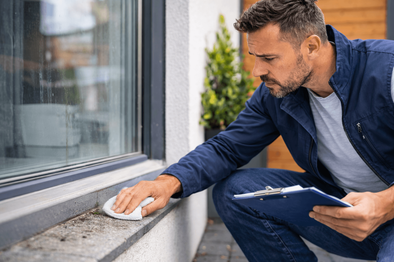 Eigentümer bei der Inspektion und Kontrolle von Fenstern am Objekt und unzufrieden