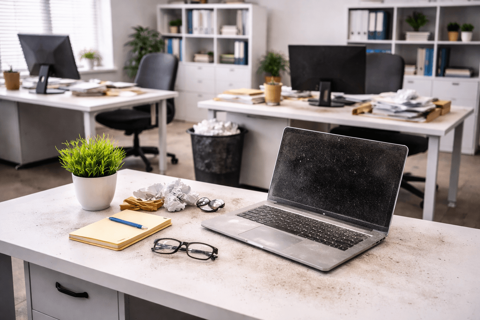 Büroarbeitsplatz mit leicht verschmutztem Schreibtisch und Laptop vor der Reinigung